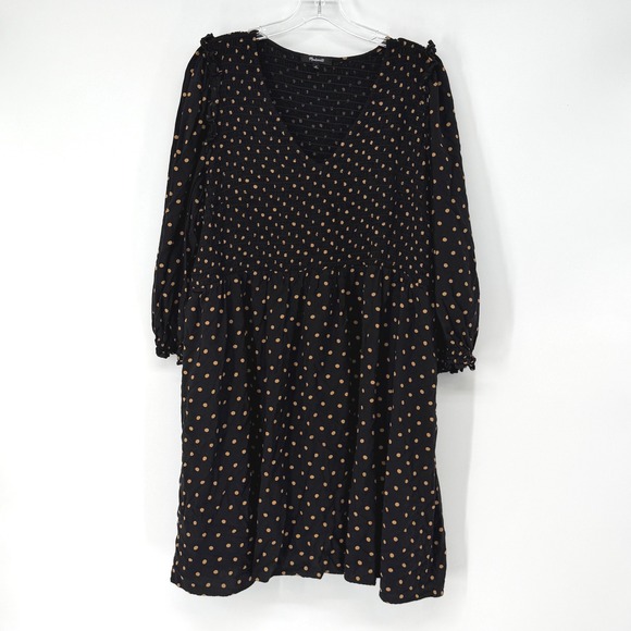 Madewell Dresses & Skirts - Madewell 2X Black Brown Polka Dot Smocked Babydoll Dress Midi Boho Peasant